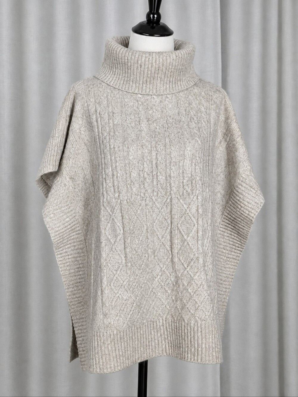 LOFT Heather Oatmeal Wool Blend Cable Knit Turtle Neck Oversized Poncho Sweater